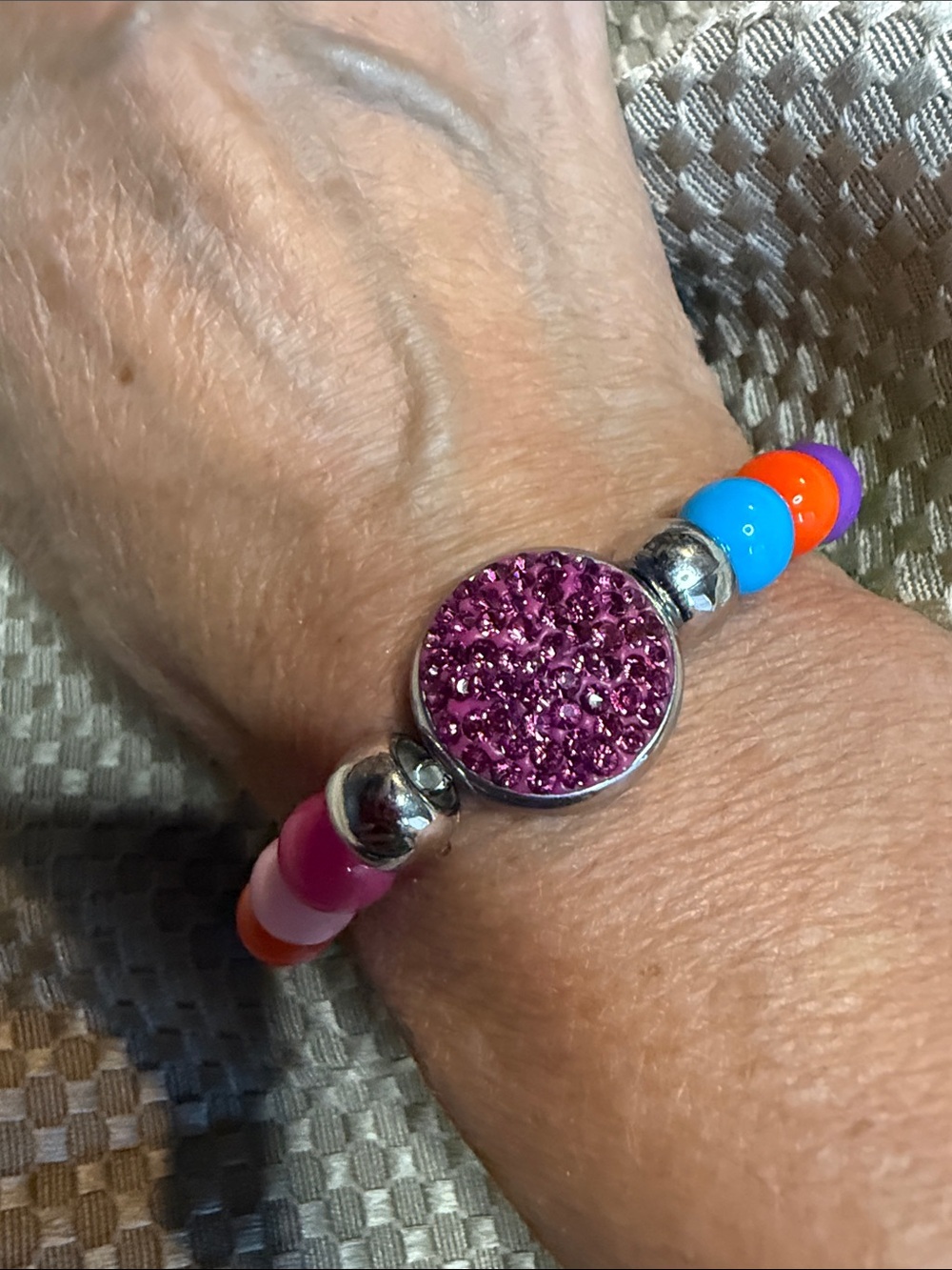 Snap Pink Crystal Disc Beaded Stretch Bracelet with Multicolor Accent Beads